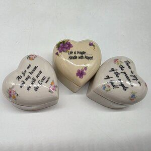 Heart-Shaped Ceramic Trinket Boxes Set Of 3 Inspirational Quotes Floral Designs